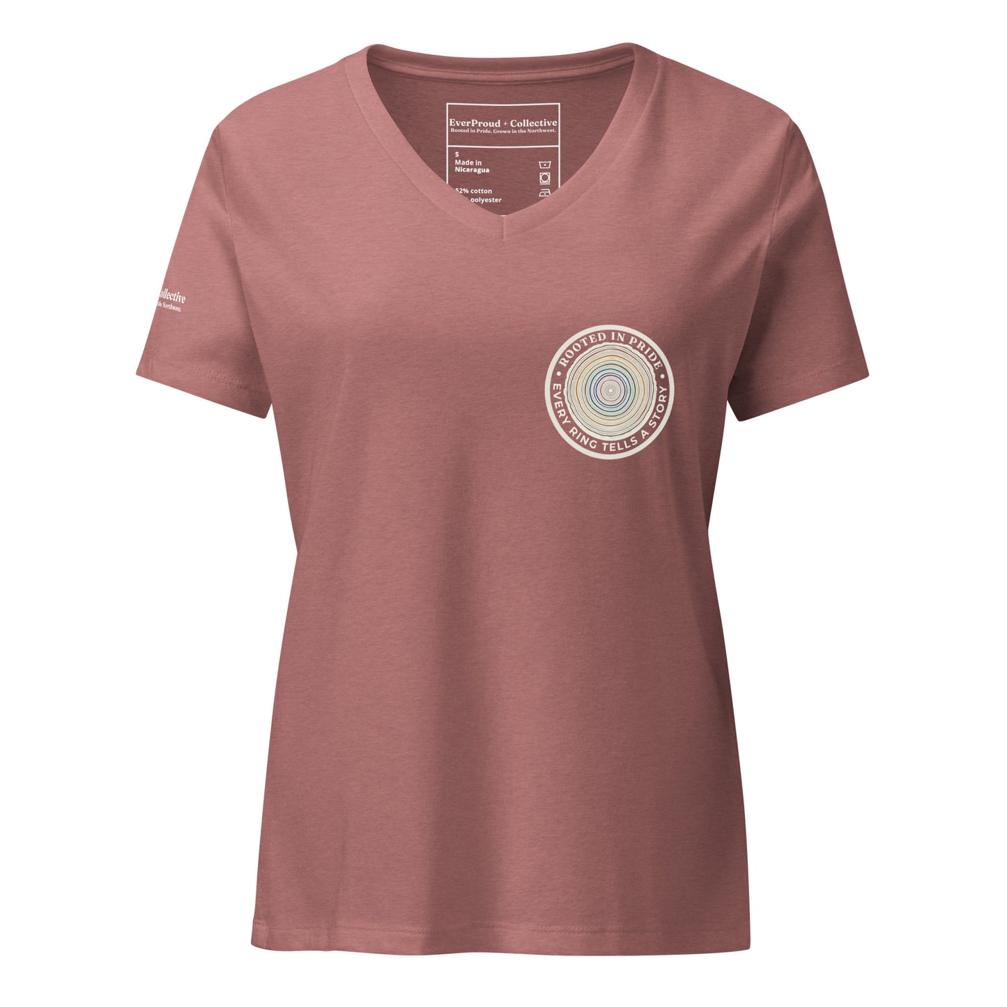 Quiet Rings Women's Relaxed V-Neck T-Shirt — heather mauve, front view, queer-owned PNW Pride apparel