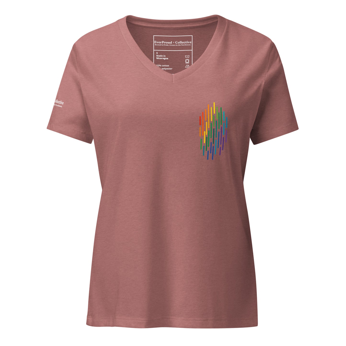 PrideFall Women's Relaxed V-Neck T-Shirt — heather mauve, front view, queer-owned PNW Pride apparel
