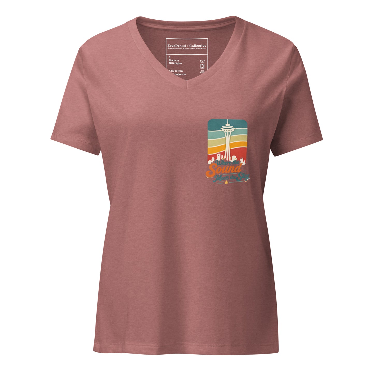 Where the Sound Meets the Sky Women's Relaxed V-Neck T-Shirt — heather mauve, front view, queer-owned PNW Pride apparel