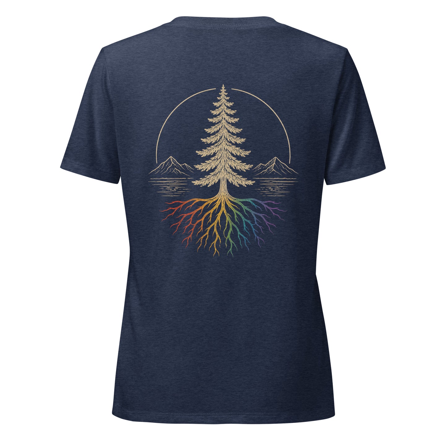 Beneath the Canopy Women's Relaxed V-Neck T-Shirt — heather navy, back view, queer-owned PNW Pride apparel
