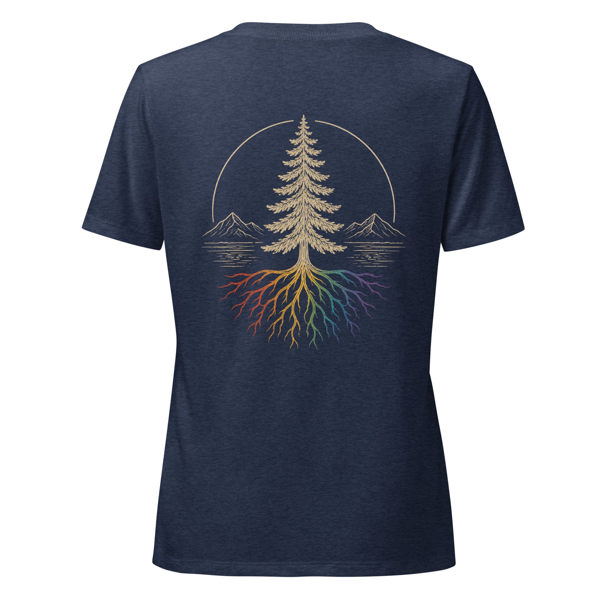 Beneath the Canopy Women's Relaxed V-Neck T-Shirt — heather navy, back view, queer-owned PNW Pride apparel