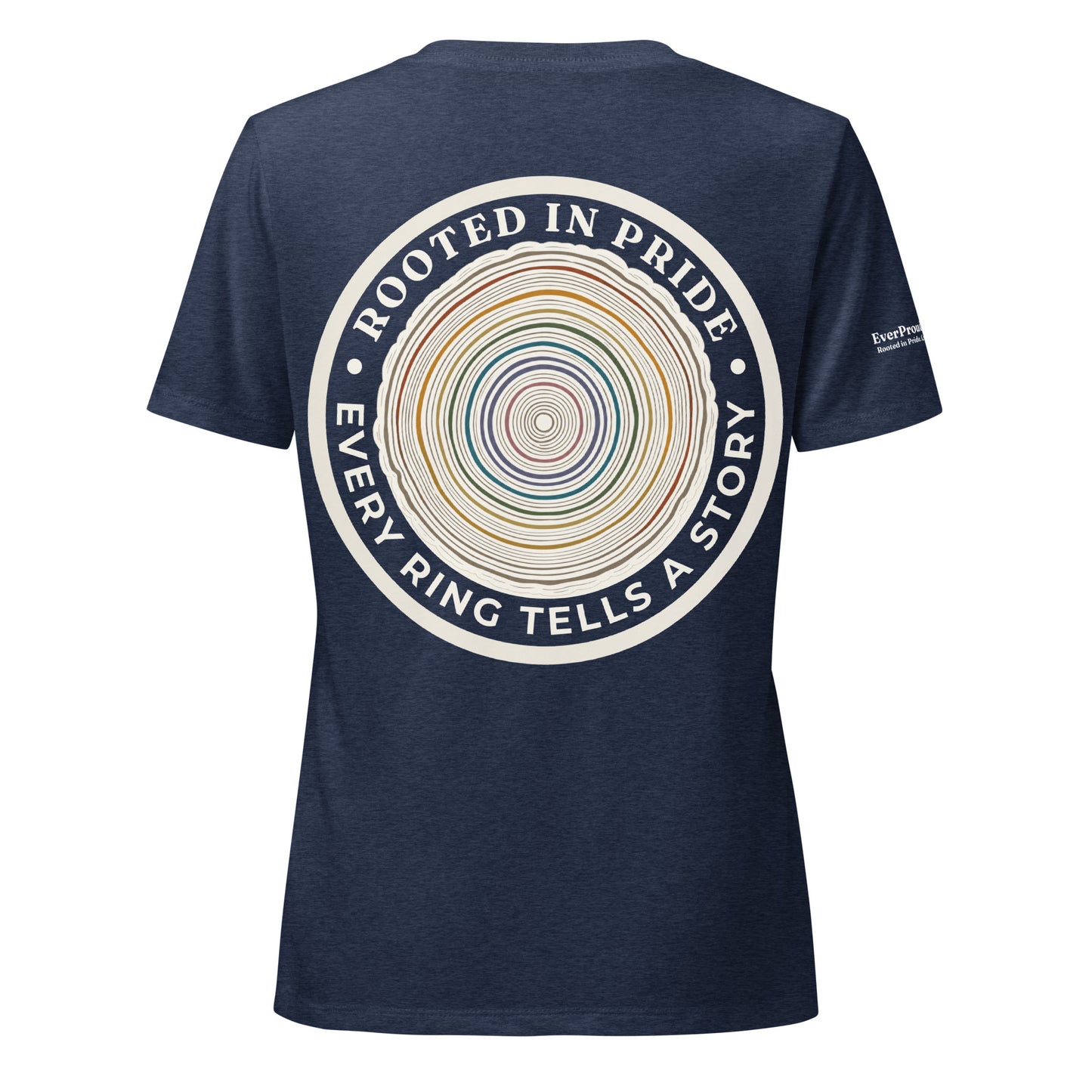 Quiet Rings Women's Relaxed V-Neck T-Shirt — heather navy, back view, queer-owned PNW Pride apparel