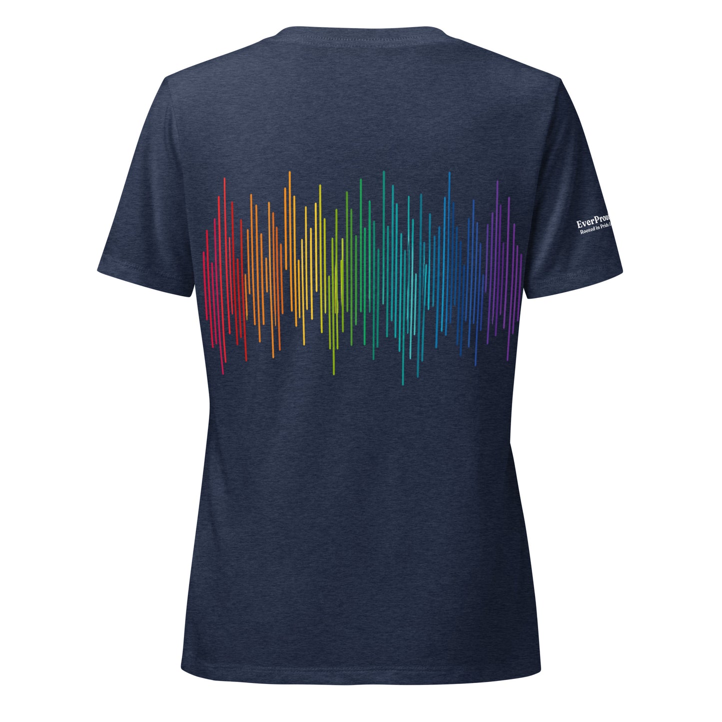 PrideFall Women's Relaxed V-Neck T-Shirt — heather navy, back view, queer-owned PNW Pride apparel