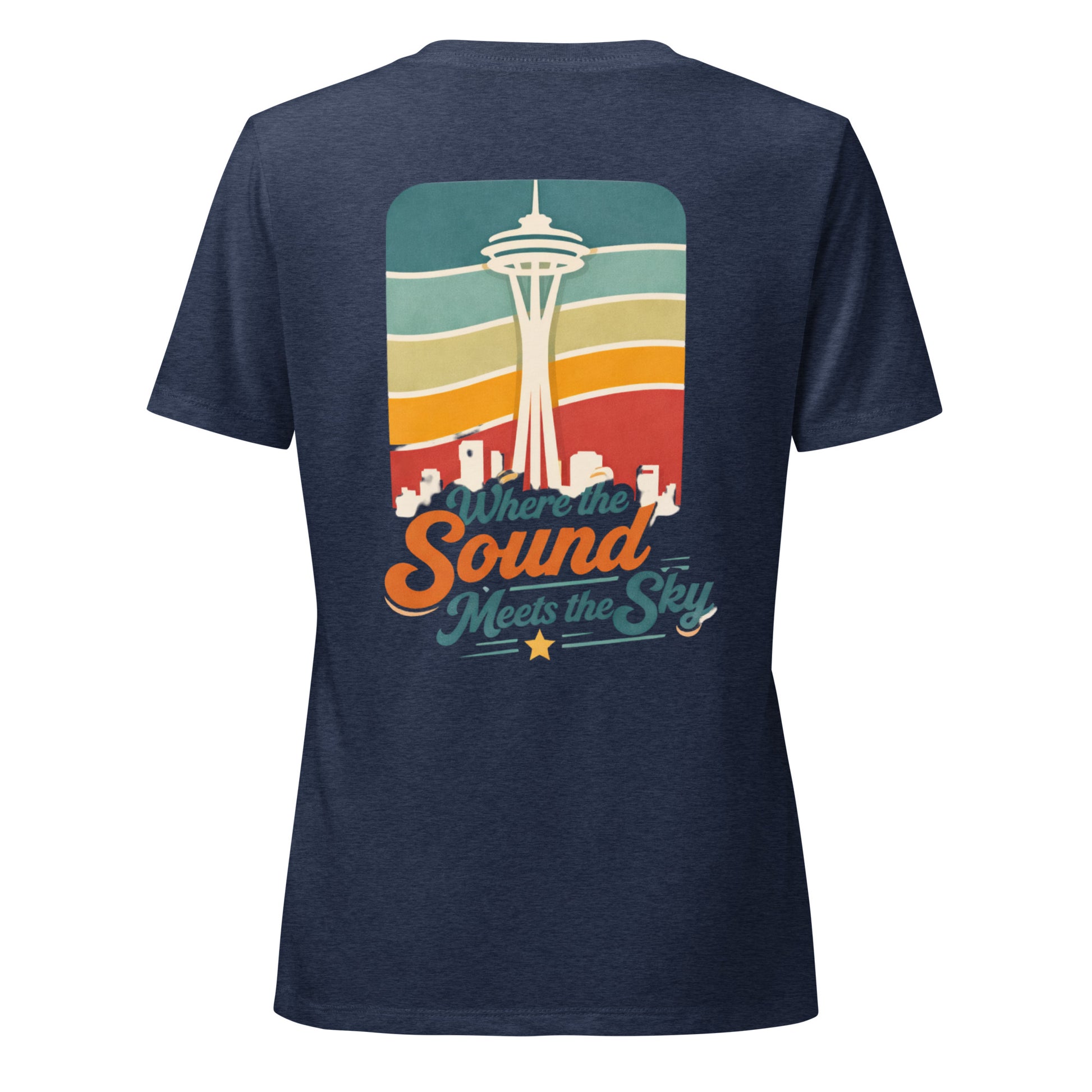 Where the Sound Meets the Sky Women's Relaxed V-Neck T-Shirt — heather navy, back view, queer-owned PNW Pride apparel