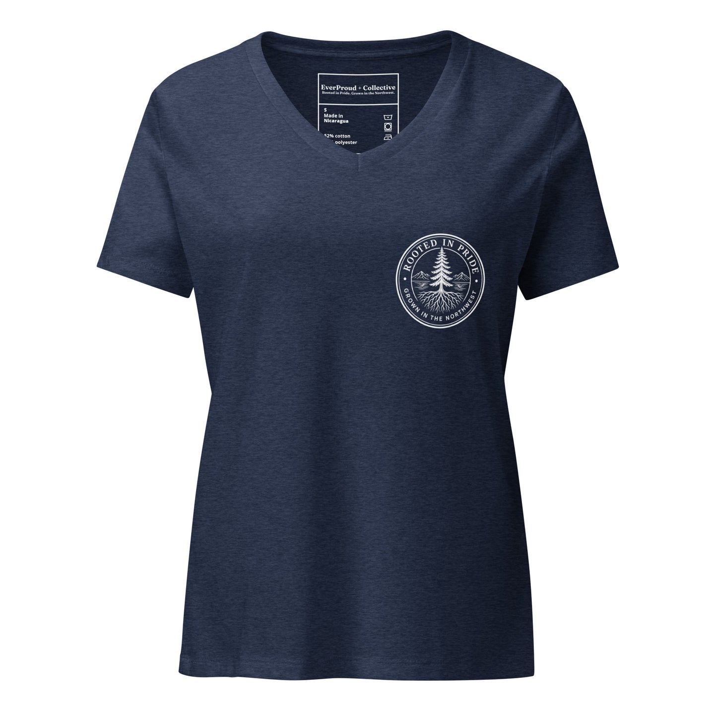 Beneath the Canopy Women's Relaxed V-Neck T-Shirt — heather navy, front view, queer-owned PNW Pride apparel
