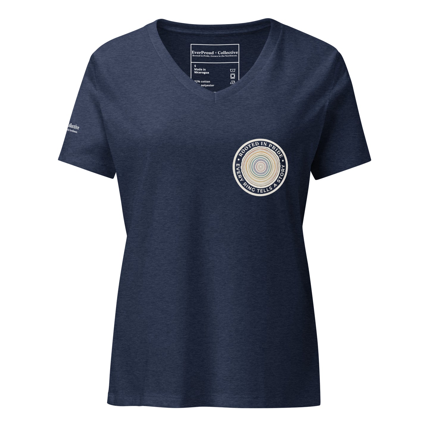 Quiet Rings Women's Relaxed V-Neck T-Shirt — heather navy, front view, queer-owned PNW Pride apparel