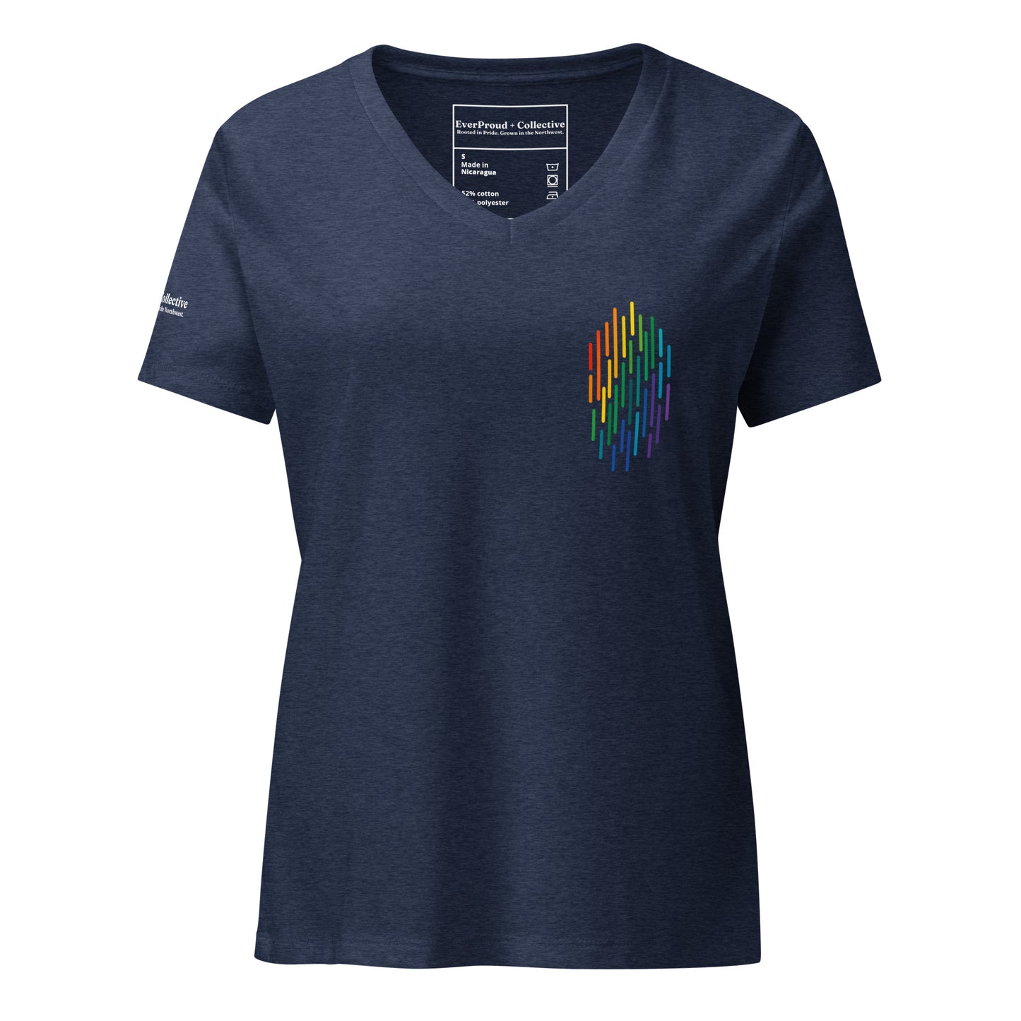 PrideFall Women's Relaxed V-Neck T-Shirt — heather navy, front view, queer-owned PNW Pride apparel