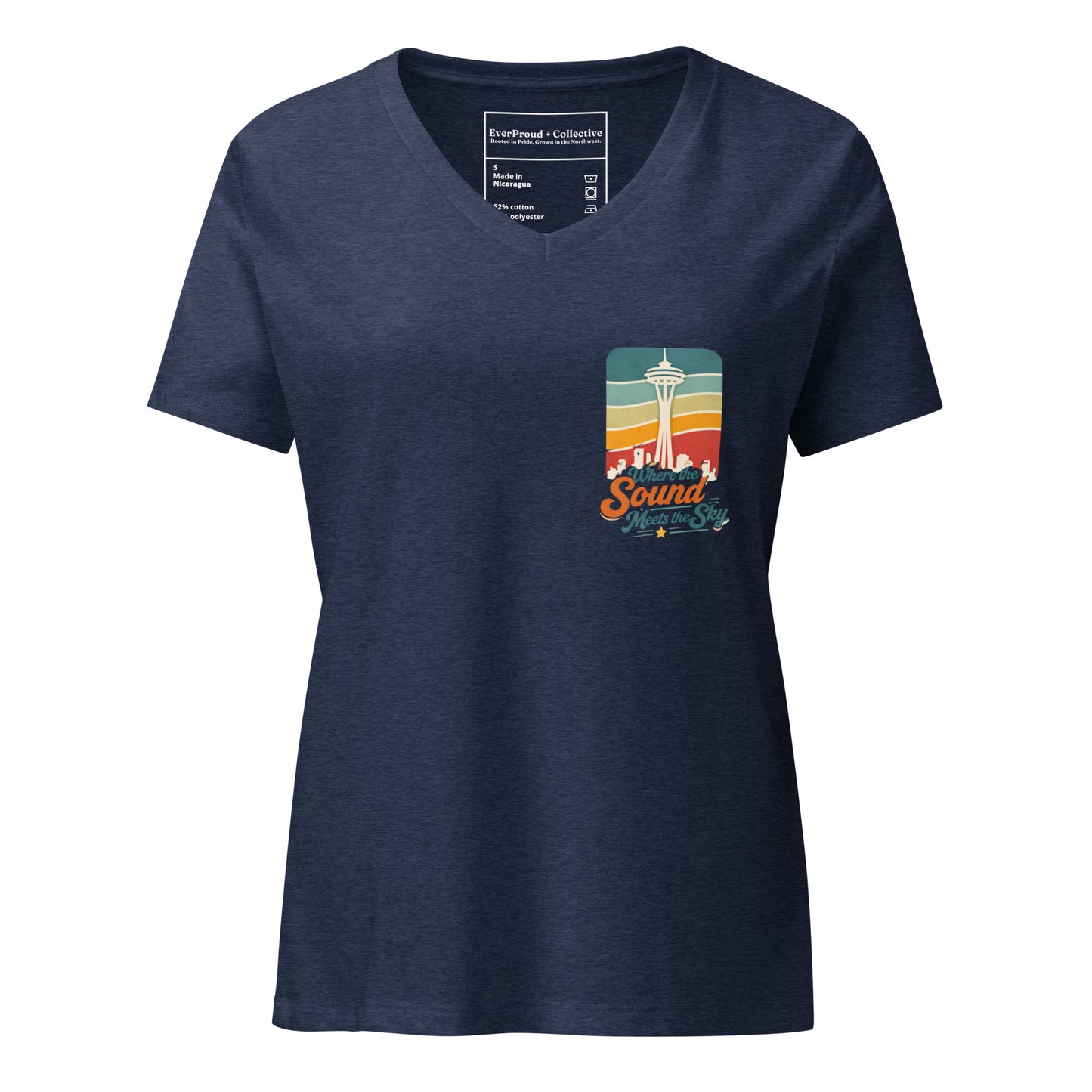 Where the Sound Meets the Sky Women's Relaxed V-Neck T-Shirt — heather navy, front view, queer-owned PNW Pride apparel