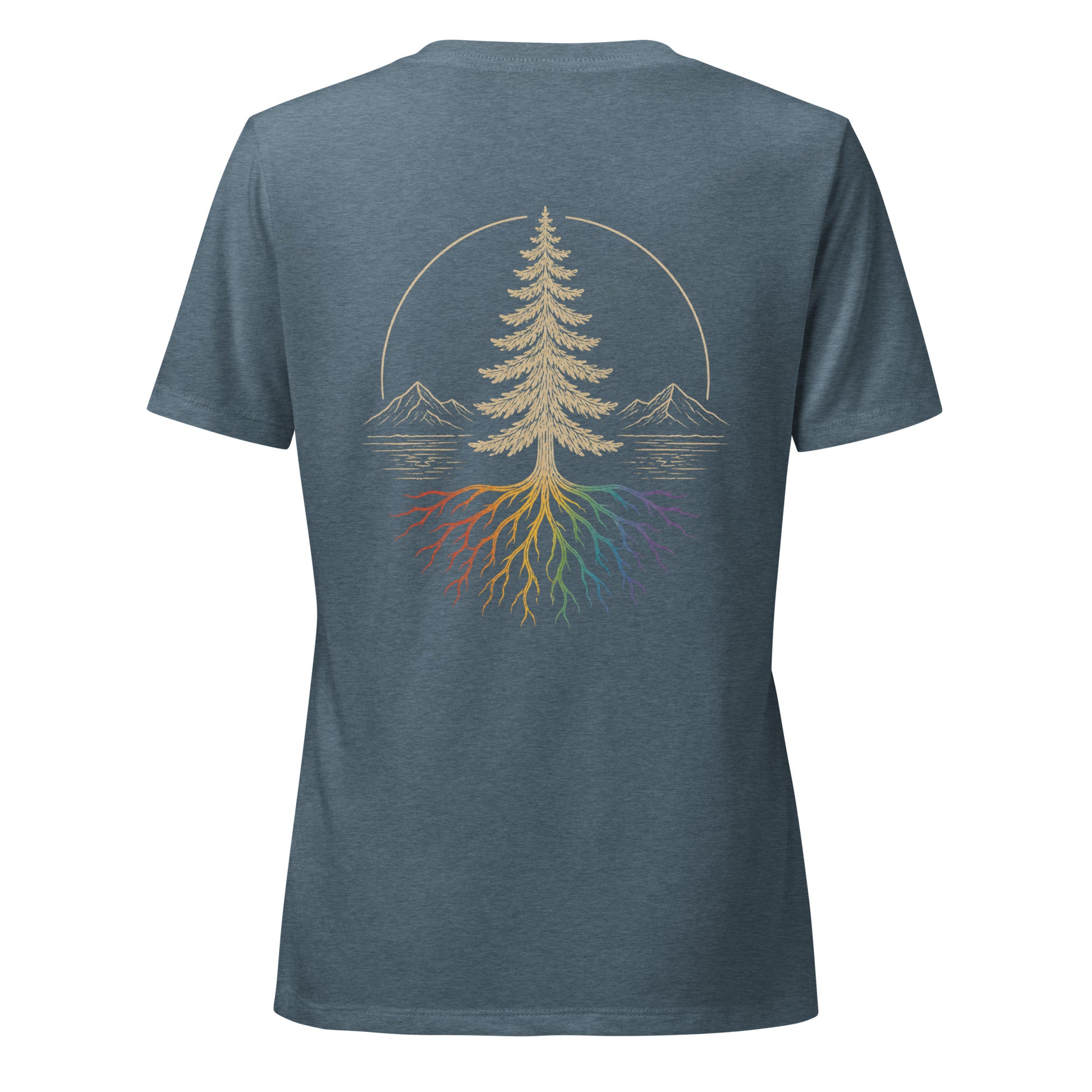 Beneath the Canopy Women's Relaxed V-Neck T-Shirt — heather slate, back view, queer-owned PNW Pride apparel