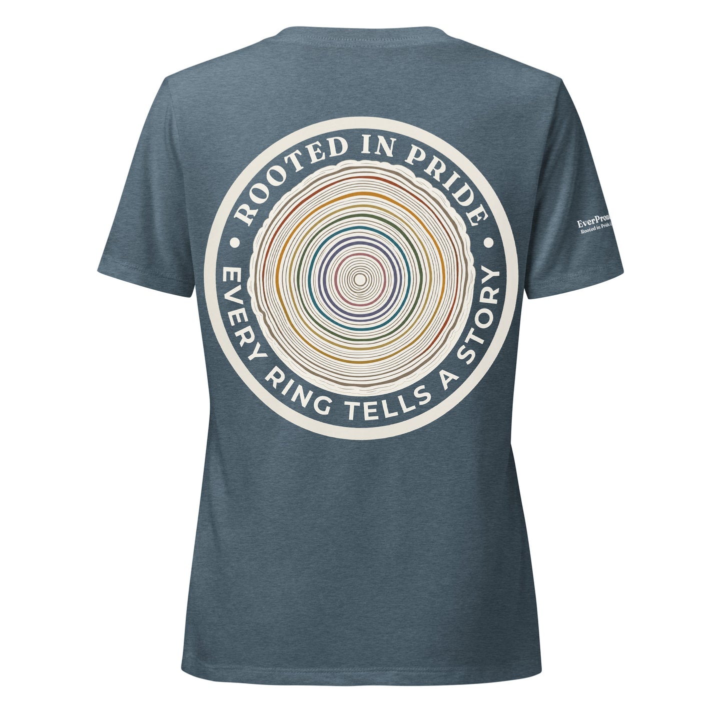 Quiet Rings Women's Relaxed V-Neck T-Shirt — heather slate, back view, queer-owned PNW Pride apparel