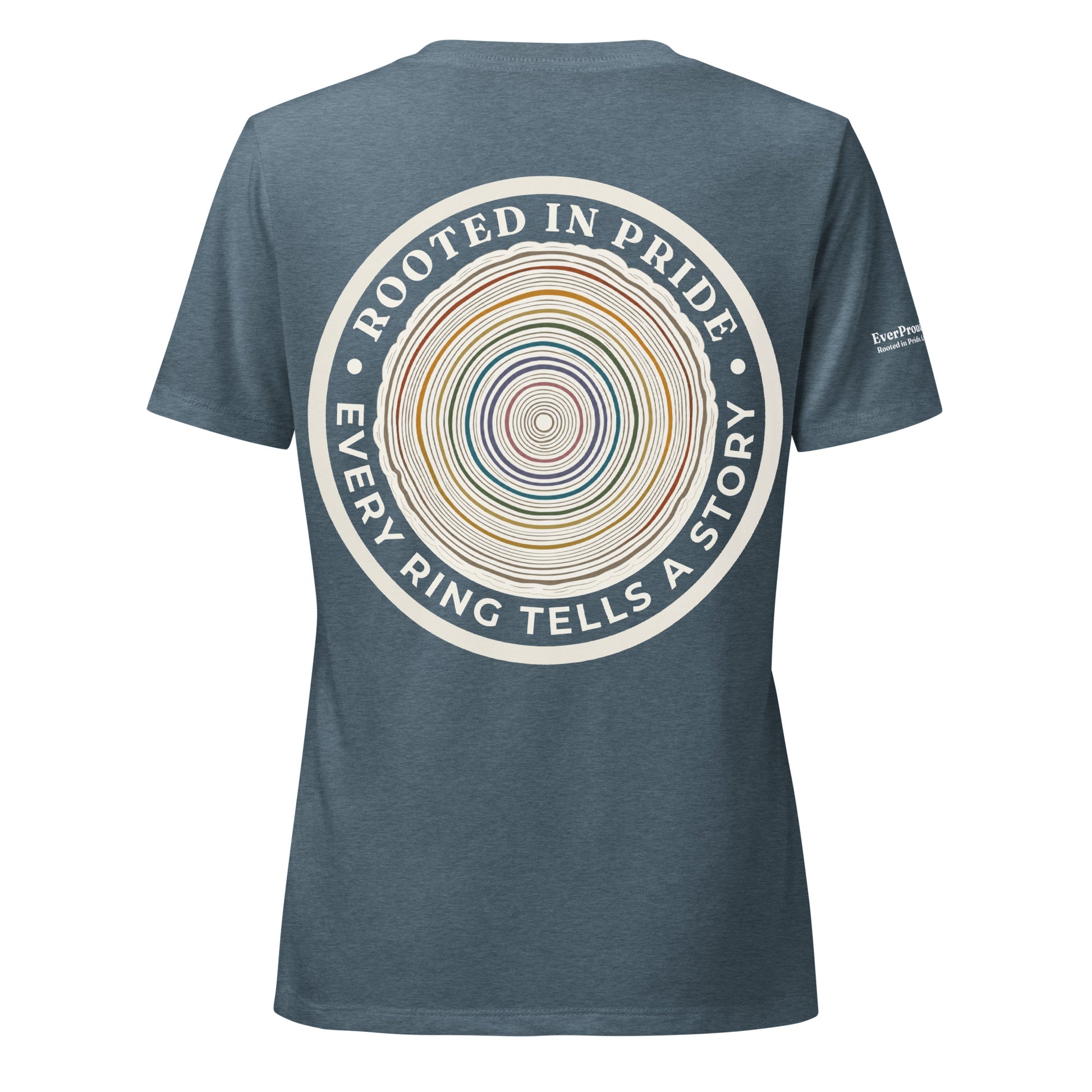 Quiet Rings Women's Relaxed V-Neck T-Shirt — heather slate, back view, queer-owned PNW Pride apparel