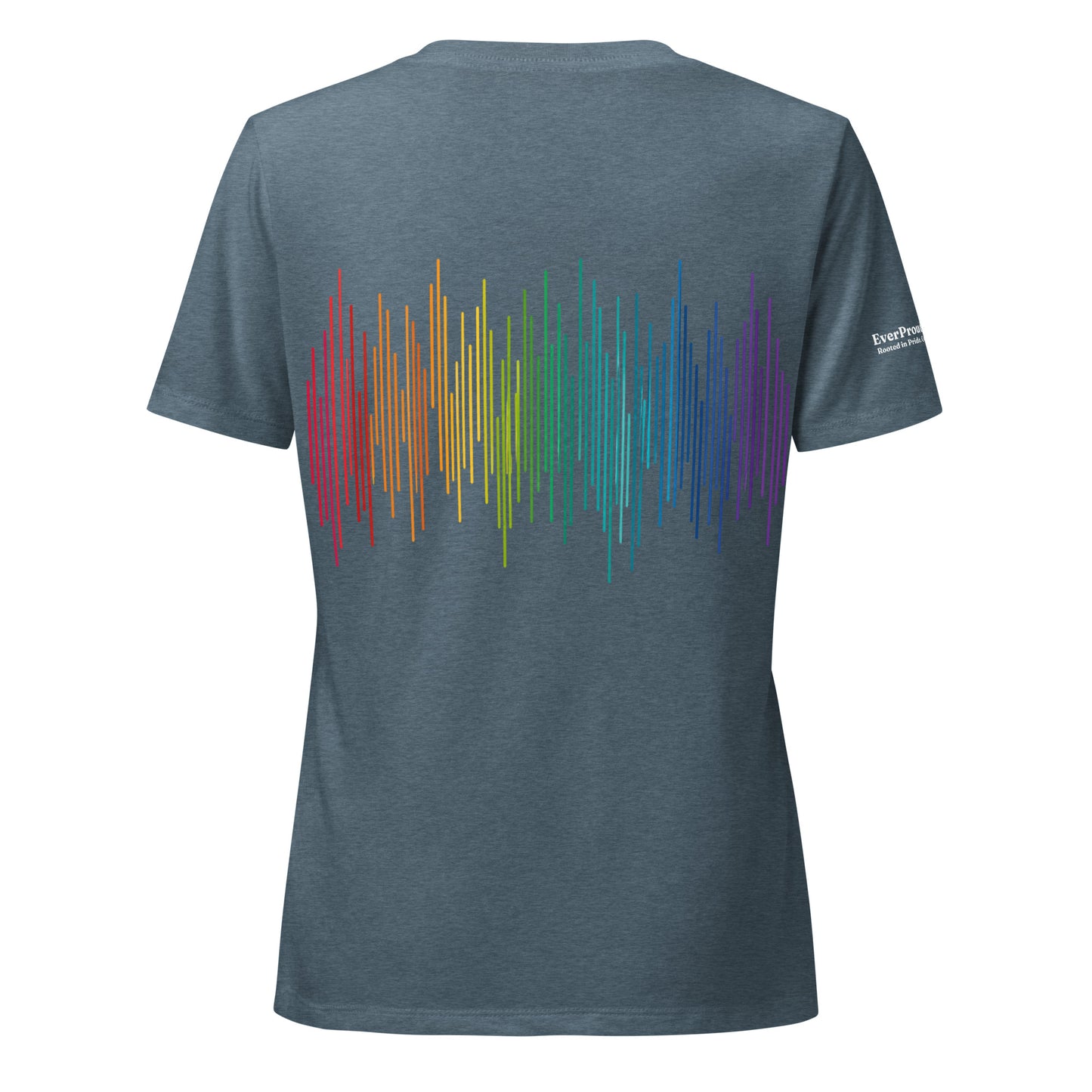 PrideFall Women's Relaxed V-Neck T-Shirt — heather slate, back view, queer-owned PNW Pride apparel