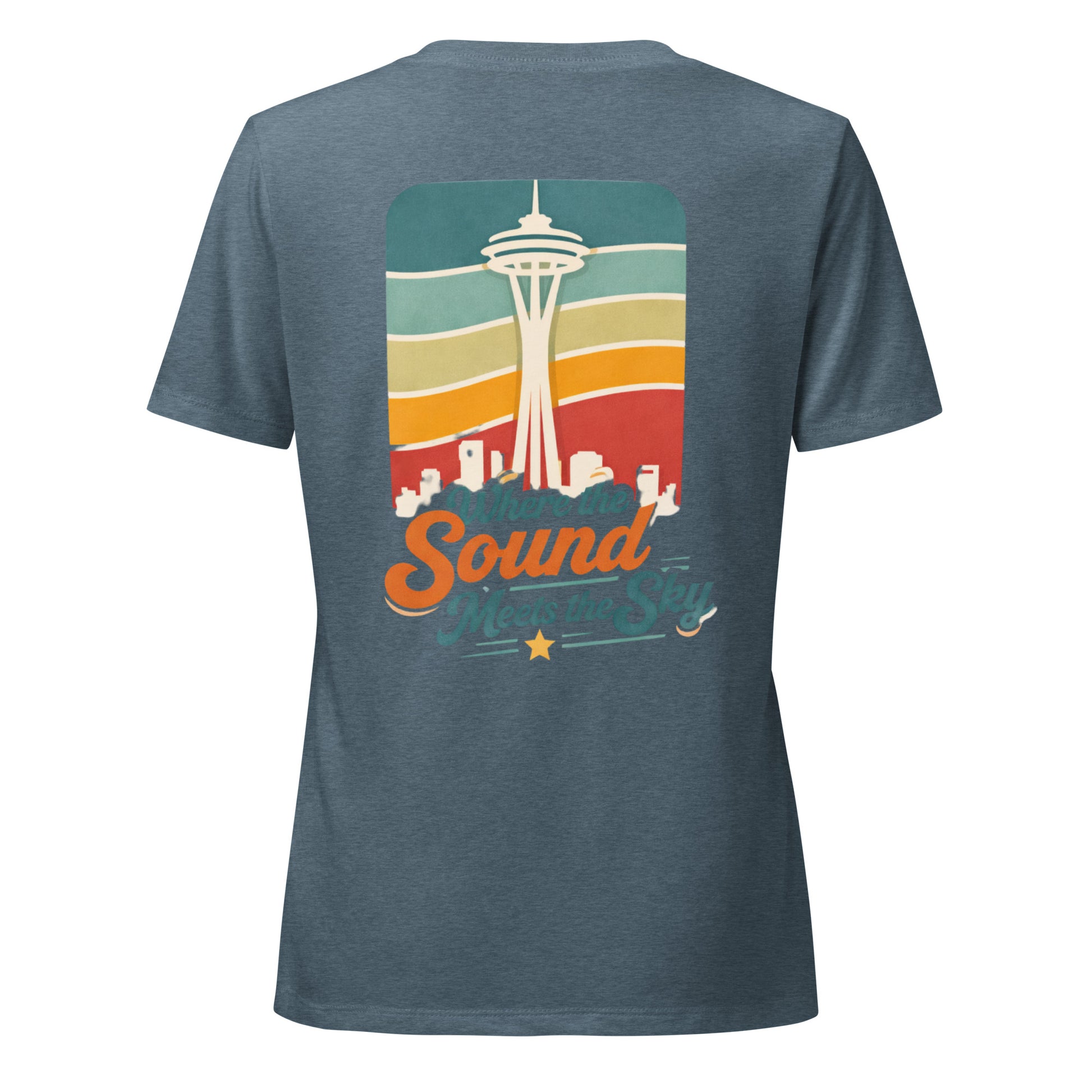 Where the Sound Meets the Sky Women's Relaxed V-Neck T-Shirt — heather slate, back view, queer-owned PNW Pride apparel