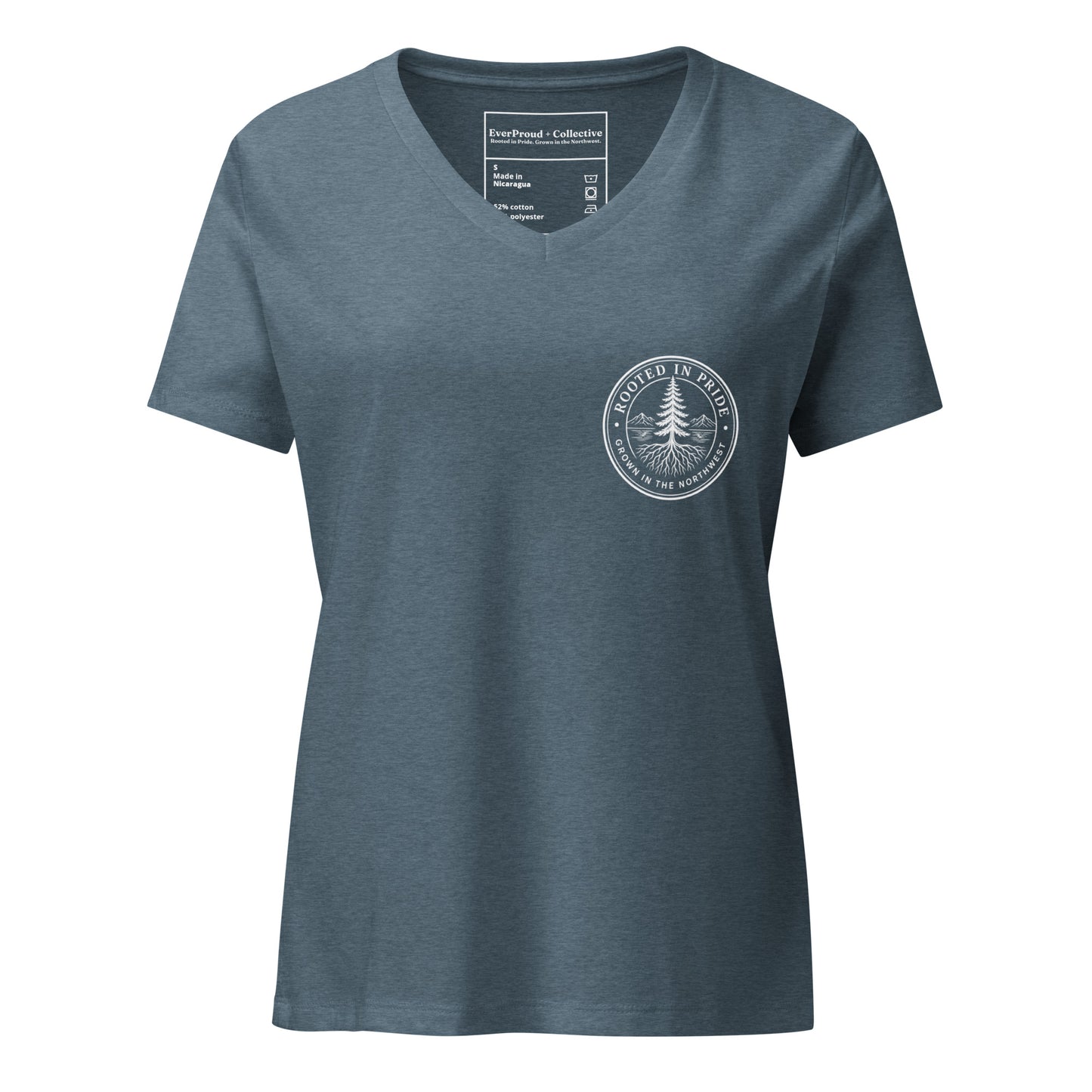 Beneath the Canopy Women's Relaxed V-Neck T-Shirt — heather slate, front view, queer-owned PNW Pride apparel