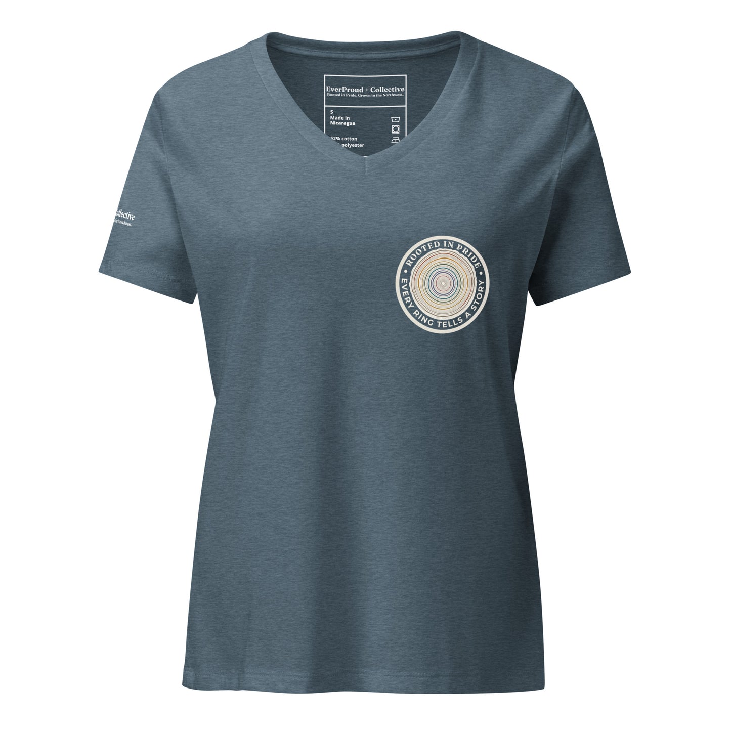 Quiet Rings Women's Relaxed V-Neck T-Shirt — heather slate, front view, queer-owned PNW Pride apparel