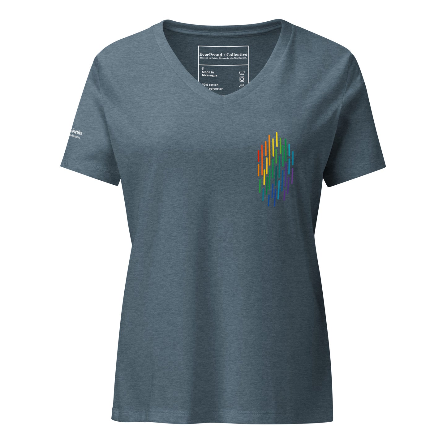 PrideFall Women's Relaxed V-Neck T-Shirt — heather slate, front view, queer-owned PNW Pride apparel