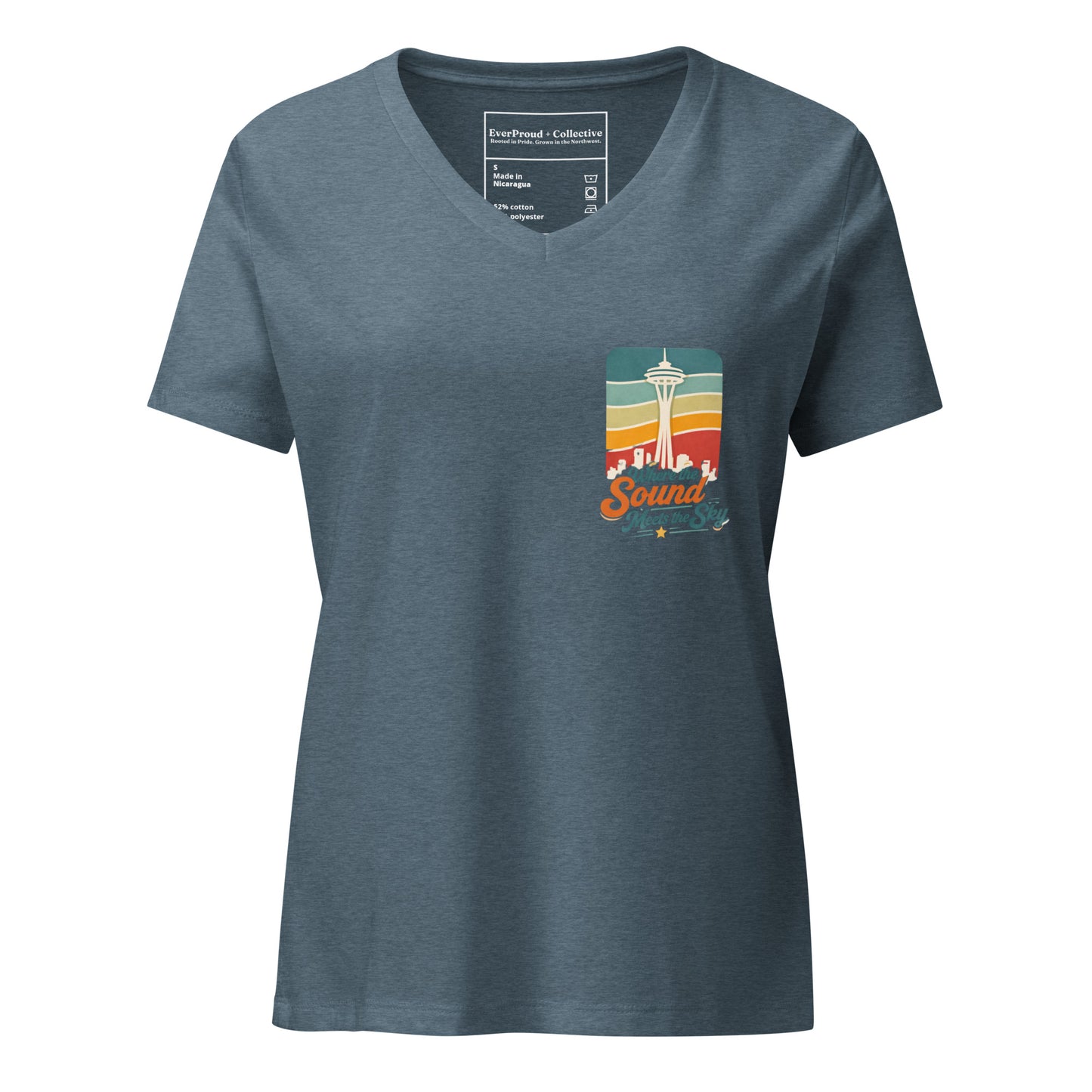 Where the Sound Meets the Sky Women's Relaxed V-Neck T-Shirt — heather slate, front view, queer-owned PNW Pride apparel