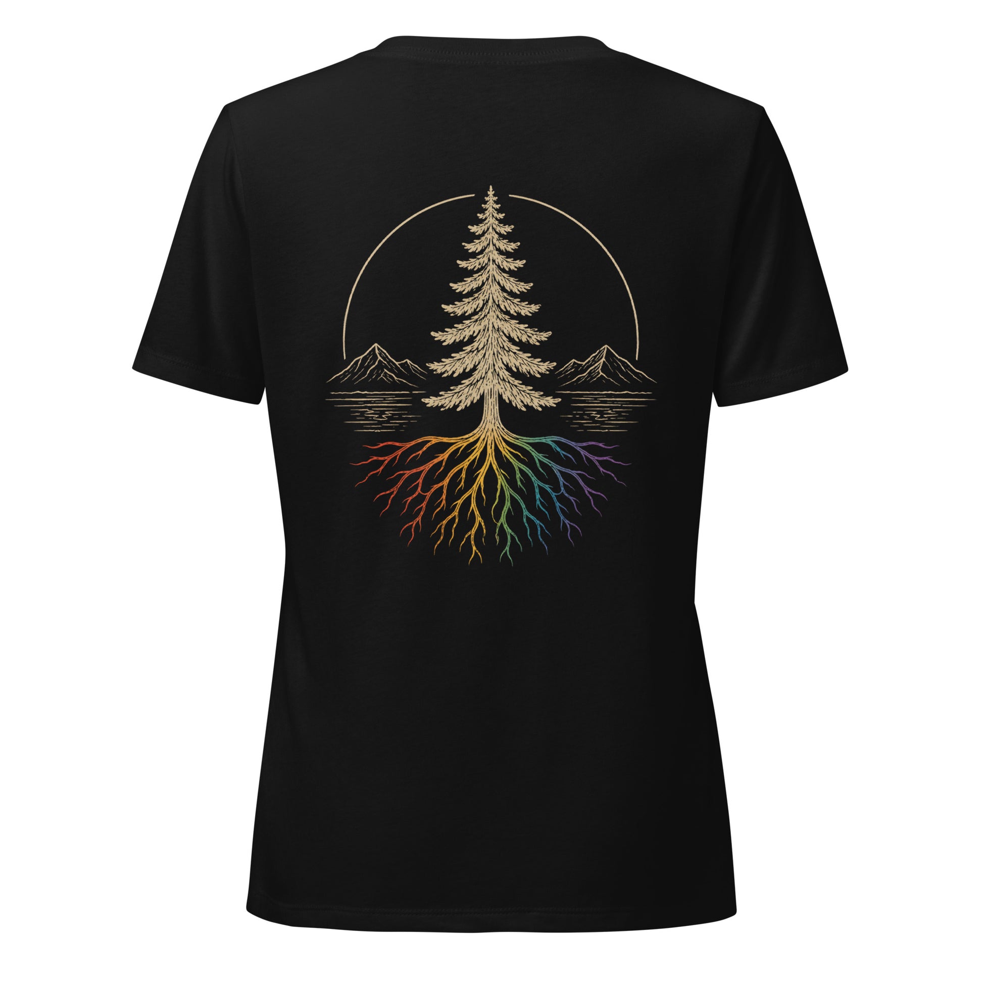 Beneath the Canopy Women's Relaxed V-Neck T-Shirt — solid black blend, back view, queer-owned PNW Pride apparel