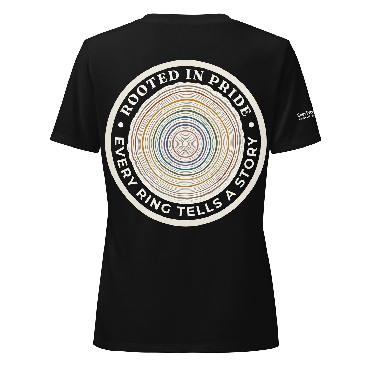 Quiet Rings Women's Relaxed V-Neck T-Shirt — solid black blend, back view, queer-owned PNW Pride apparel
