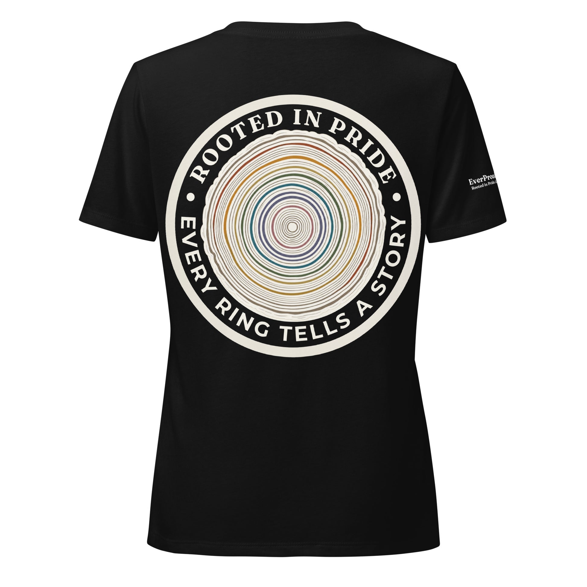 Quiet Rings Women's Relaxed V-Neck T-Shirt — solid black blend, back view, queer-owned PNW Pride apparel