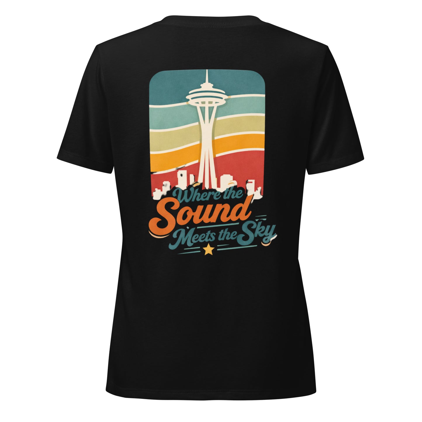 Where the Sound Meets the Sky Women's Relaxed V-Neck T-Shirt — solid black blend, back view, queer-owned PNW Pride apparel