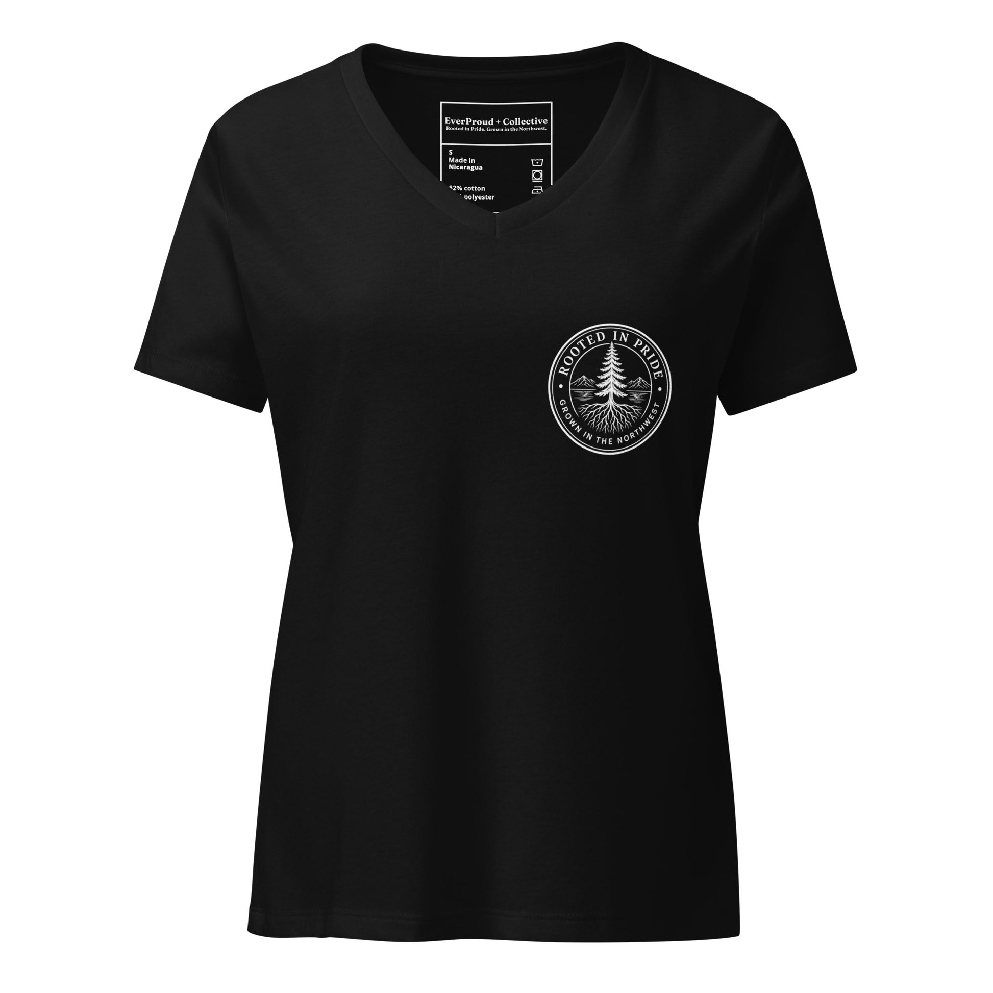 Beneath the Canopy Women's Relaxed V-Neck T-Shirt — solid black blend, front view, queer-owned PNW Pride apparel