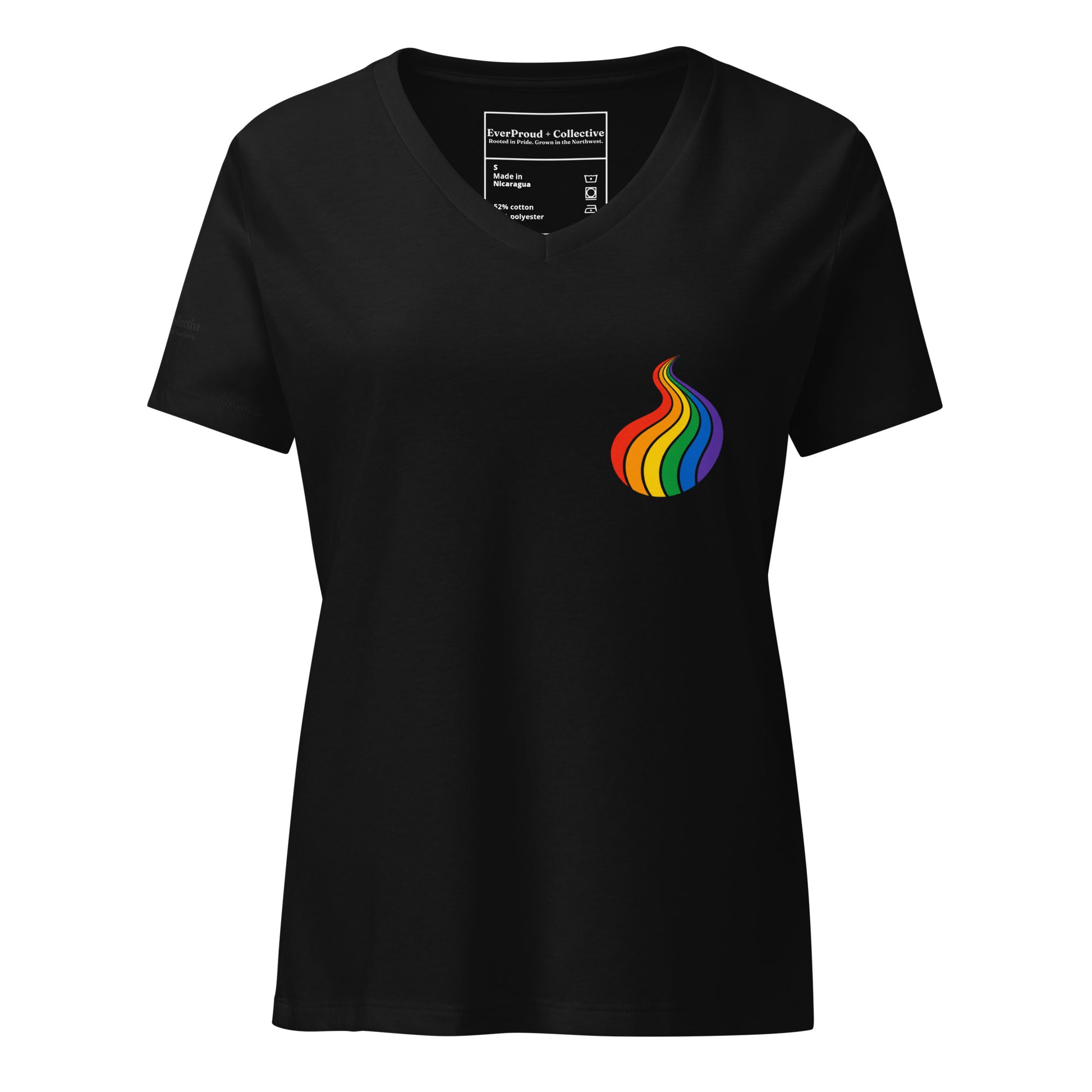 ProudPath Women's Relaxed V-Neck T-Shirt — solid black blend, front view, queer-owned PNW Pride apparel
