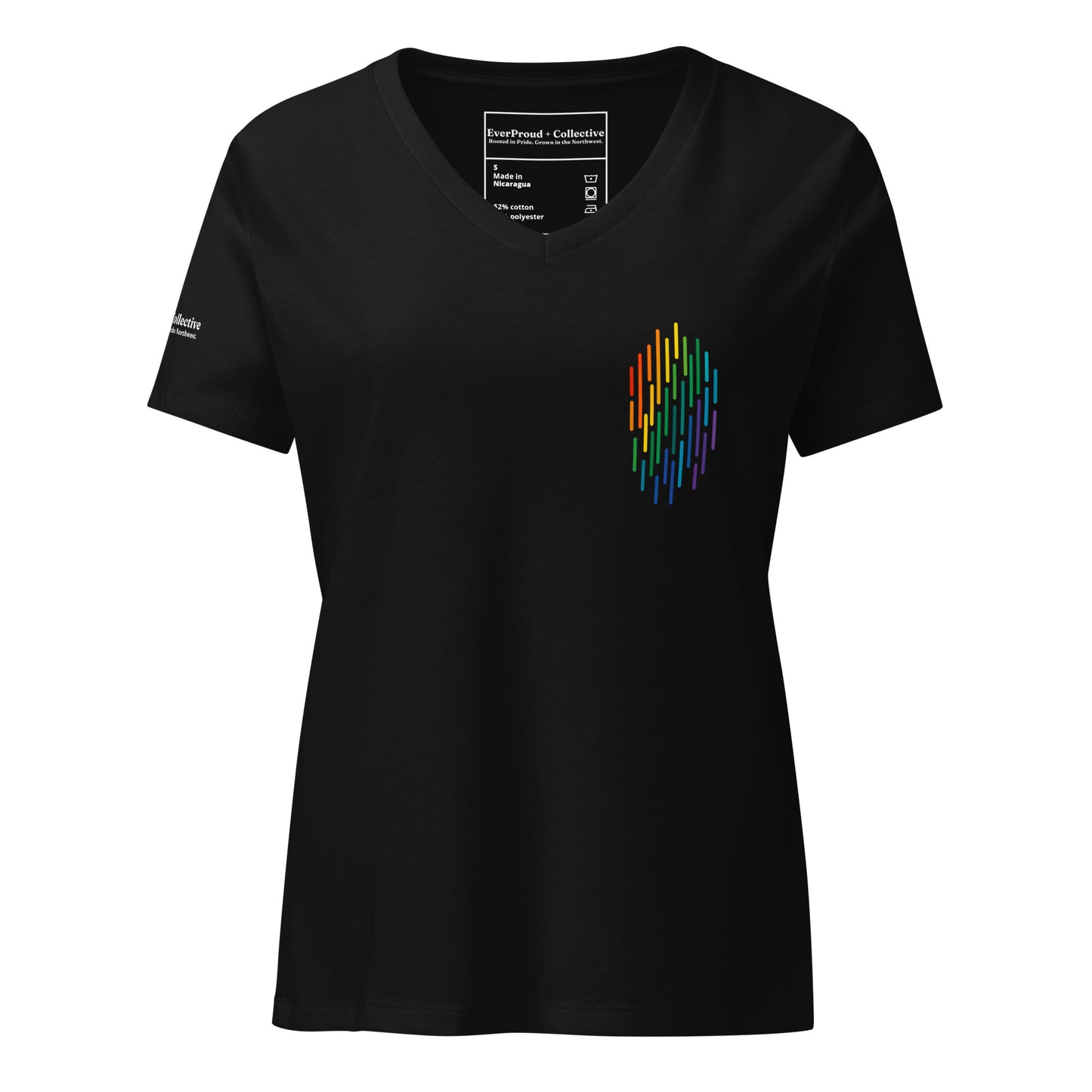 PrideFall Women's Relaxed V-Neck T-Shirt — solid black blend, front view, queer-owned PNW Pride apparel