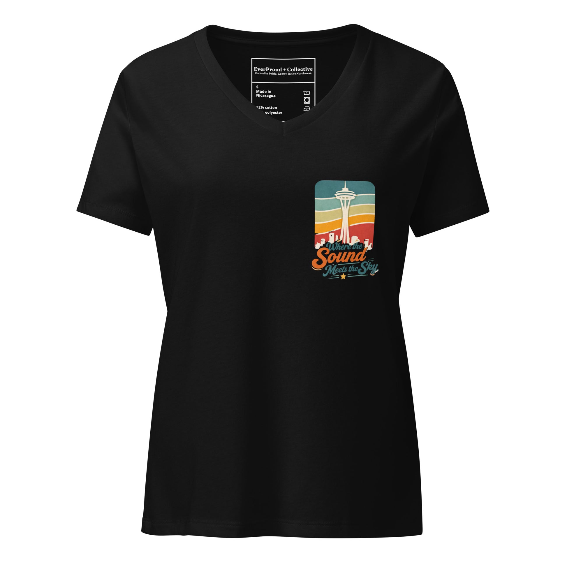 Where the Sound Meets the Sky Women's Relaxed V-Neck T-Shirt — solid black blend, front view, queer-owned PNW Pride apparel
