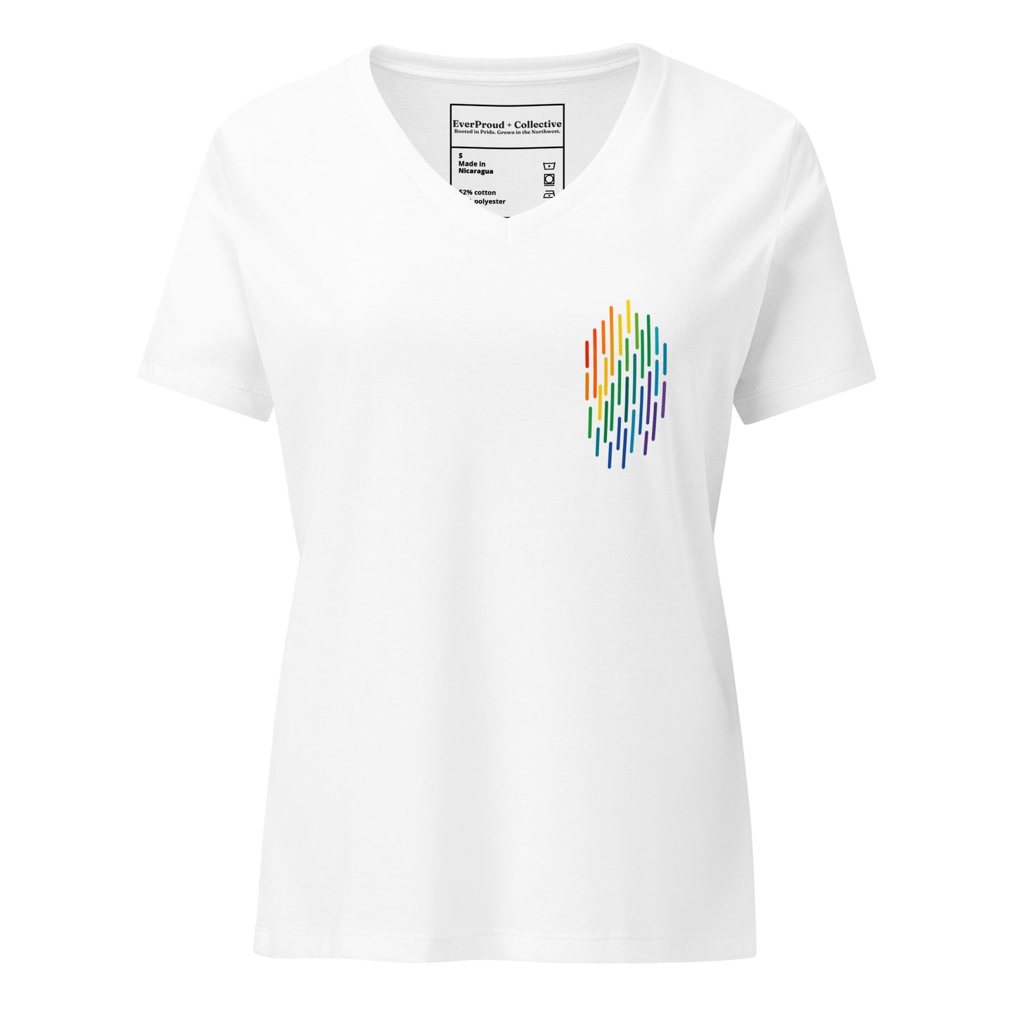 PrideFall Women's Relaxed V-Neck T-Shirt — solid white blend, front view, queer-owned PNW Pride apparel
